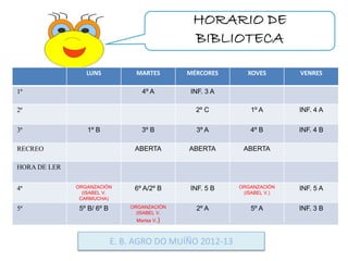 LUNS MARTES MÉRCORES XOVES VENRES 
1ª 4º A INF. 3 A 
2ª 2º C 1º A INF. 4 A 
3ª 1º B 3º B 3º A 4º B INF. 4 B 
RECREO ABERTA...