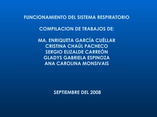 FUNCIONAMIENTO DEL SISTEMA RESPIRATORIO COMPILACION DE TRABAJOS DE: MA. ENRIQUETA GARCÍA CUÉLLAR CRISTINA CHAÚL PACHECO SERGIO ELIZALDE CARREÓN GLADYS GABRIELA ESPINOZA ANA CAROLINA MONSIVAIS SEPTIEMBRE DEL 2008 