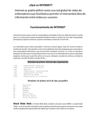 Funcionamiento de INTERNET
Llamaremoshostacada unade las computadorasconectadasaInternet.Debemostenerencuenta
que en un sistema de tiempo compartido también recibe el nombre de host cada computadora
principal que soporta a diversos usuarios conectados a través de un terminal.
Los ordenadores que están conectados a Internet y prestan alguna clase de servicio reciben el
nombre de servidor.Paraaccedera este serviciodebemostenerdosprogramasque se ejecutanen
dos computadoras diferentes y que nos permiten compartir recursos: en el host se ejecuta el
programa servidorque esel que proporcionael recursoy en el ordenadordel usuariose ejecutael
programa cliente que le permite utilizar el recurso. Ejemplos: servidor de archivos, servidor de
impresora, servidor de Web, servidor de ftp ...
Dominios de primer nivel de tipo organización
.com organización comercial
.edu institución educativa
.gov gobierno
.int organización internacional
.mil organización militar
.net gestión de redes
.org organización no lucrativa
Dominios de primer nivel de tipo geográfico
au Australia
ca Canadá
de Alemania
es España
fr Francia
uk Reino Unido
us Estados Unidos
su Unión Soviética
Word Wide Web. El World Wide Web, también conocido como WWW o simplemente
"Web",esel serviciode informaciónmásnovedosoyeficienteparaexplorarlaInternet.Este nuevo
medio está ganando popularidad más rápido que cualquier otro medio en la historia.
¿Qué es INTERNET?
Internet se podría definircomo una red global de redes de
ordenadorescuya finalidad es permitir el intercambiolibre de
información entre todossus usuarios
 