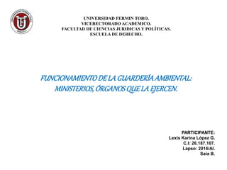 FUNCIONAMIENTODELA GUARDERÍAAMBIENTAL:
MINISTERIOS,ÓRGANOSQUELA EJERCEN.
UNIVERSIDAD FERMIN TORO.
VICERECTORADO ACADEMICO.
FACULTAD DE CIENCIAS JURIDICAS Y POLÍTICAS.
ESCUELA DE DERECHO.
PARTICIPANTE:
Lexis Karina López G.
C.I: 26.187.107.
Lapso: 2016/AI.
Saia B.
 