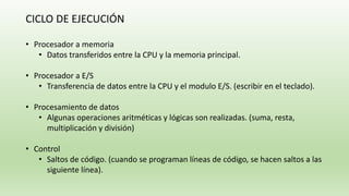 CICLO DE EJECUCIÓN
• Procesador a memoria
• Datos transferidos entre la CPU y la memoria principal.
• Procesador a E/S
• Transferencia de datos entre la CPU y el modulo E/S. (escribir en el teclado).
• Procesamiento de datos
• Algunas operaciones aritméticas y lógicas son realizadas. (suma, resta,
multiplicación y división)
• Control
• Saltos de código. (cuando se programan líneas de código, se hacen saltos a las
siguiente línea).
 
