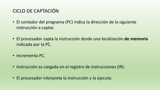 CICLO DE CAPTACIÓN
• El contador del programa (PC) indica la dirección de la siguiente
instrucción a captar.
• El procesador capta la instrucción desde una localización de memoria
indicada por la PC.
• Incrementa PC.
• Instrucción es cargada en el registro de instrucciones (IR).
• El procesador interpreta la instrucción y la ejecuta.
 