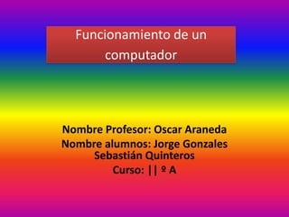 Funcionamiento de un
computador
Nombre Profesor: Oscar Araneda
Nombre alumnos: Jorge Gonzales
Sebastián Quinteros
Curso: || º A
 