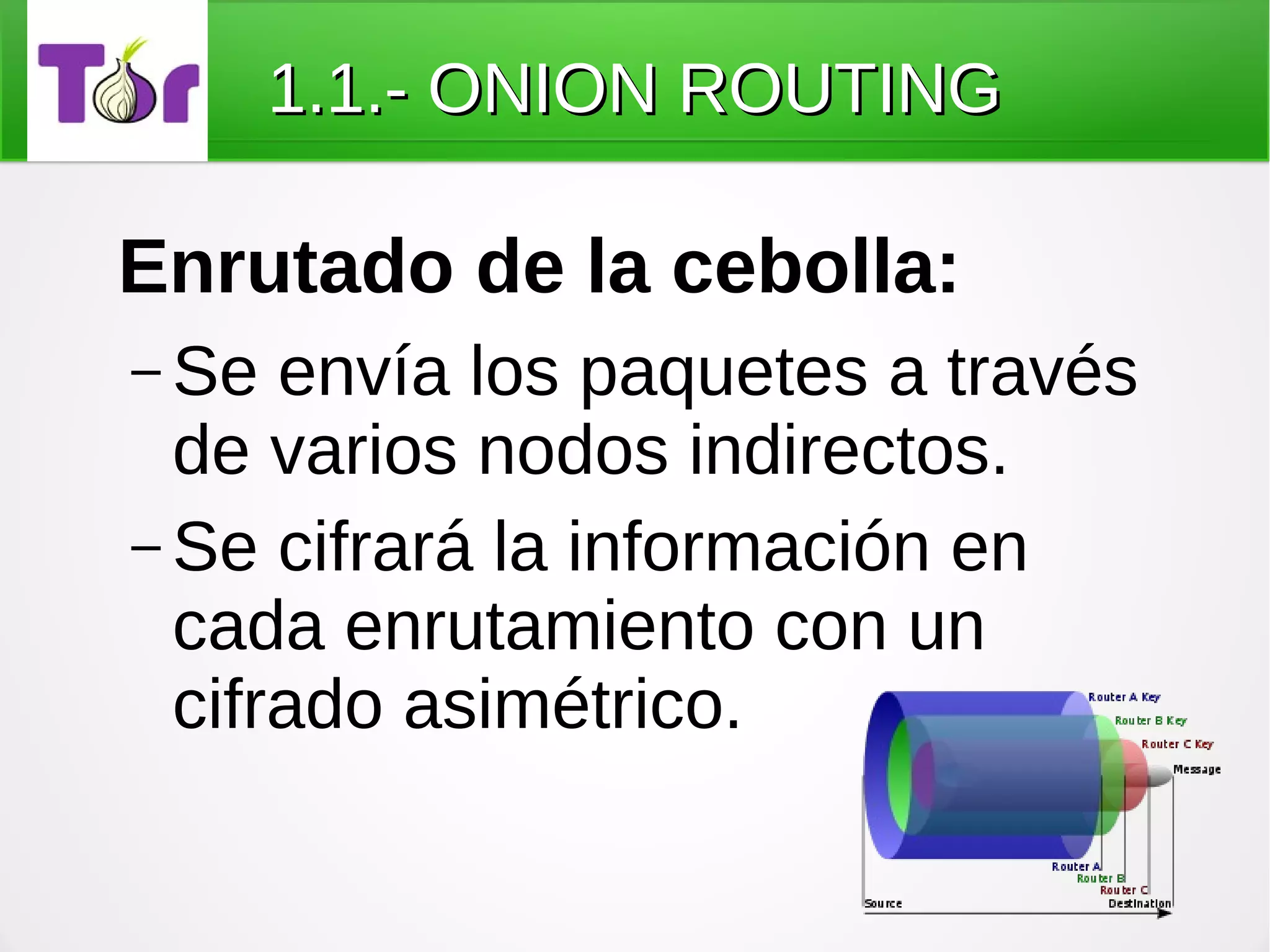 1.1.- ONION ROUTING

Enrutado de la cebolla:
– Se  envía los paquetes a través
  de varios nodos indirectos.
– Se cifrará la información en
  cada enrutamiento con un
  cifrado asimétrico.
 