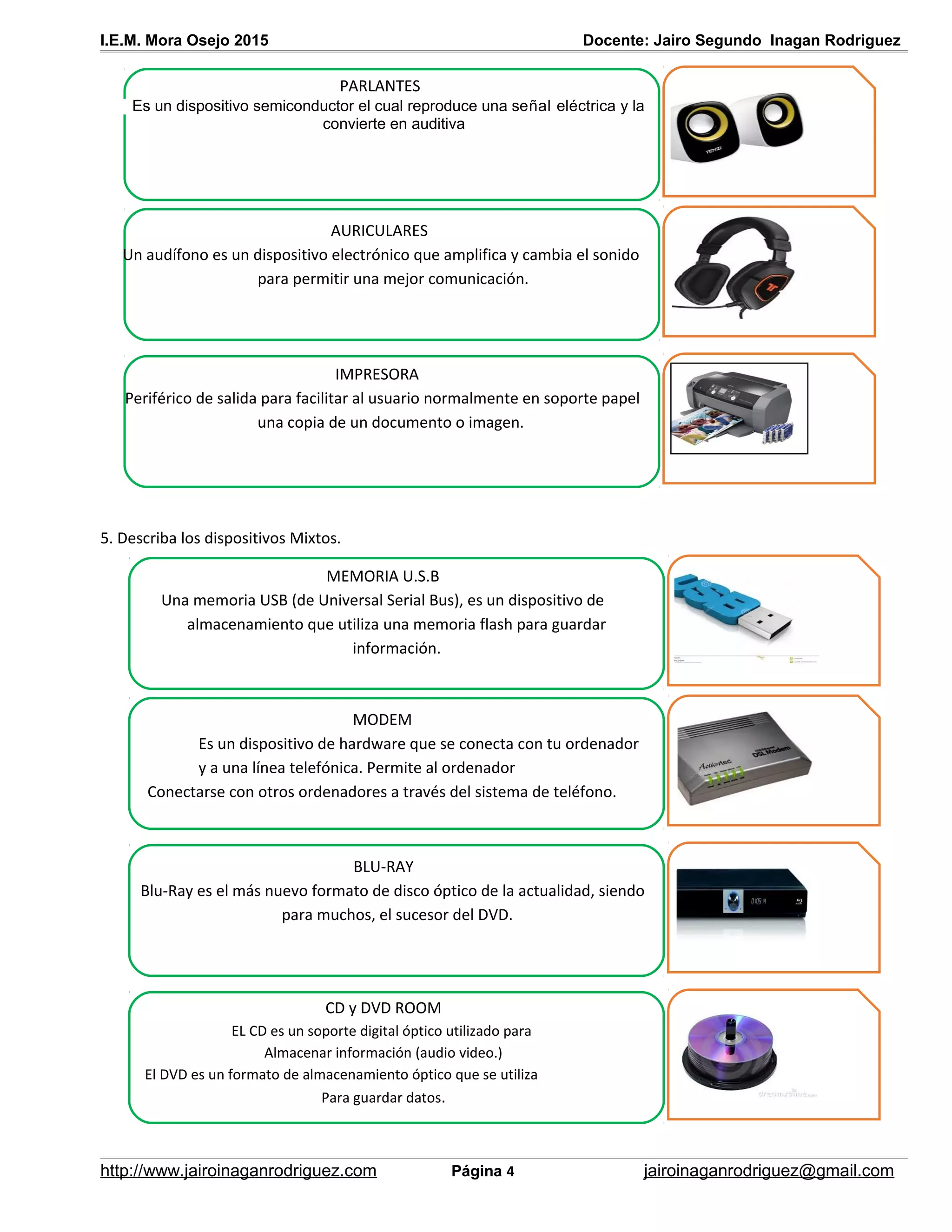 I.E.M. Mora Osejo 2015 Docente: Jairo Segundo Inagan Rodriguez
5. Describa los dispositivos Mixtos.
http://www.jairoinaganrodriguez.com Página 4 jairoinaganrodriguez@gmail.com
PARLANTES
Es un dispositivo semiconductor el cual reproduce una señal eléctrica y la
convierte en auditiva
AURICULARES
Un audífono es un dispositivo electrónico que amplifica y cambia el sonido
para permitir una mejor comunicación.
IMPRESORA
Periférico de salida para facilitar al usuario normalmente en soporte papel
una copia de un documento o imagen.
MEMORIA U.S.B
Una memoria USB (de Universal Serial Bus), es un dispositivo de
almacenamiento que utiliza una memoria flash para guardar
información.
MODEM
Es un dispositivo de hardware que se conecta con tu ordenador
y a una línea telefónica. Permite al ordenador
Conectarse con otros ordenadores a través del sistema de teléfono.
BLU-RAY
Blu-Ray es el más nuevo formato de disco óptico de la actualidad, siendo
para muchos, el sucesor del DVD.
CD y DVD ROOM
EL CD es un soporte digital óptico utilizado para
Almacenar información (audio video.)
El DVD es un formato de almacenamiento óptico que se utiliza
Para guardar datos.
 