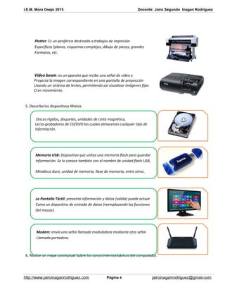 I.E.M. Mora Osejo 2015 Docente: Jairo Segundo Inagan Rodriguez
Plotter: Es un periférico destinado a trabajos de impresión
Específicos (planos, esquemas complejos, dibujo de piezas, grandes
Formatos, etc.
Video beam: es un aparato que recibe una señal de vídeo y
Proyecta la imagen correspondiente en una pantalla de proyección
Usando un sistema de lentes, permitiendo así visualizar imágenes fijas
O en movimiento.
5. Describa los dispositivos Mixtos.
Discos rígidos, disquetes, unidades de cinta magnética,
Lecto-grabadoras de CD/DVD las cuales almacenan cualquier tipo de
Información.
Memoria USB: Dispositivo que utiliza una memoria flash para guardar
Información. Se lo conoce también con el nombre de unidad flash USB,
Minidisco duro, unidad de memoria, llave de memoria, entre otros.
La Pantalla Táctil: presenta información y datos (salida) puede actuar
Como un dispositivo de entrada de datos (reemplazando las funciones
Del mouse).
Modem: envía una señal llamada moduladora mediante otra señal
Llamada portadora.
6. Realice un mapa conceptual Sobre los conocimientos básicos del computador.
http://www.jairoinaganrodriguez.com Página 4 jairoinaganrodriguez@gmail.com
 