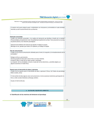 Elaborado por: Equipo Universidad del Valle en desarrollo del Convenio interadministrativo de asociación No. 4143.0.27.016-2015
suscrito entre el Municipio de Santiago de Cali – Secretaría de Educación Municipal y la Universidad del Valle
22
El maestro será quien ponga la pauta recibiéndolos con entusiasmo y animándolos en cada actividad,
haciendo uso del reconocimiento de sus esfuerzos.
Estímulos sensoriales
¿Cuáles son estímulos sensoriales + los medios de interacción que facilitan el diseño de la interfaz?
(Presencialidad, principalmente oral), Virtualidad (principalmente escrita)). Tener presente los recursos,
los factores físicos y las relaciones psicológicas
Ubicación del mobiliario de tal forma que facilite el trabajo en grupos.
Mensajes en las paredes que inviten a la reflexión y al trabajo en equipo.
Vías de comunicación
¿Cuáles son las vías de comunicación utilizadas para el envío, la recepción y la retroalimentación de las
actividades?
Dialogo continuo y permanente.
Técnicas grupales de discusión como el foro y la mesa redonda.
Compartir ideas a través de las redes sociales o whatsapp
La recepción de las actividades se harán a través del correo electrónico, portafolio digital y en
algunas ocasiones en medio físico.
Espacio para el intercambio de ideas y opiniones
¿Cuáles son los espacios para el intercambio de ideas y opiniones? (Foros, CoP, Redes de aprendizaje,
Redes sociales, otros)
El intercambio de ideas algunas veces será presencial, en otras ocasiones tendremos participación en
foros y redes sociales (facebook, whatsapp, twitter).
Grupos al interior del aula.
4. DATOS DEL EQUIPO DE AMBIENTE
4.1 Identificación de los miembros del Ambiente de Aprendizaje
 