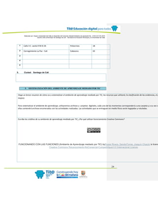 Elaborado por: Equipo Universidad del Valle en desarrollo del Convenio interadministrativo de asociación No. 4143.0.27.016-2015
suscrito entre el Municipio de Santiago de Cali – Secretaría de Educación Municipal y la Universidad del Valle
24
1 Calle 4 C oeste # 94 A-54 Polvorines 18
2 Corregimiento La Paz - Cali Cabecera 63
3
4
5
5. Ciudad: Santiago de Cali
5. SISTEMATIZACIÓN DEL AMBIENTE DE APRENDIZAJE MEDIADO POR TIC
Haga un breve resumen de cómo va a sistematizar el ambiente de aprendizaje mediado por TIC, los recursos que utilizará, la clasificación de las evidencias, el p
mejora
Para sistematizar el ambiente de aprendizaje, utilizaremos archivos y carpetas digitales, cada uno de los momentos corresponderá a una carpeta y a su vez ca
ellas contendrá archivos enumerados con las actividades realizadas. Las actividades que se entreguen en medio físico serán legajadas y rotuladas.
Escriba los créditos de su ambiente de aprendizaje mediado por TIC, ¿Por qué utilizar licenciamiento Creative Commons?
FUNCIONANDO CON LAS FUNCIONES (Ambiente de Aprendizaje mediado por TIC) byRosier Rivera, SandraTorres, Joaquín Chacón is licens
Creative Commons Reconocimiento-NoComercial-CompartirIgual 4.0 Internacional License.
 