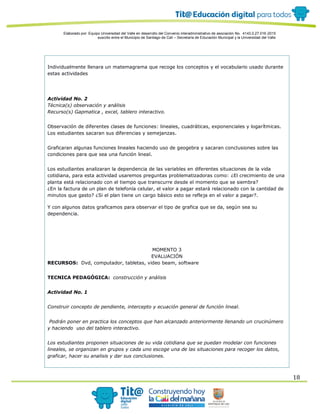 Elaborado por: Equipo Universidad del Valle en desarrollo del Convenio interadministrativo de asociación No. 4143.0.27.016-2015
suscrito entre el Municipio de Santiago de Cali – Secretaría de Educación Municipal y la Universidad del Valle
18
Individualmente llenara un matemagrama que recoge los conceptos y el vocabulario usado durante
estas actividades
Actividad No. 2
Técnica(s) observación y análisis
Recurso(s) Gapmatica , excel, tablero interactivo.
Observación de diferentes clases de funciones: lineales, cuadráticas, exponenciales y logarítmicas.
Los estudiantes sacaran sus diferencias y semejanzas.
Graficaran algunas funciones lineales haciendo uso de geogebra y sacaran conclusiones sobre las
condiciones para que sea una función lineal.
Los estudiantes analizaran la dependencia de las variables en diferentes situaciones de la vida
cotidiana, para esta actividad usaremos preguntas problematizadoras como: ¿El crecimiento de una
planta está relacionado con el tiempo que transcurre desde el momento que se siembra?
¿En la factura de un plan de telefonía celular, el valor a pagar estará relacionado con la cantidad de
minutos que gasto? ¿Si el plan tiene un cargo básico esto se refleja en el valor a pagar?.
Y con algunos datos graficamos para observar el tipo de grafica que se da, según sea su
dependencia.
MOMENTO 3
EVALUACIÓN
RECURSOS: Dvd, computador, tabletas, video beam, software
TECNICA PEDAGÓGICA: construcción y análisis
Actividad No. 1
Construir concepto de pendiente, intercepto y ecuación general de función lineal.
Podrán poner en practica los conceptos que han alcanzado anteriormente llenando un crucinúmero
y haciendo uso del tablero interactivo.
Los estudiantes proponen situaciones de su vida cotidiana que se puedan modelar con funciones
lineales, se organizan en grupos y cada uno escoge una de las situaciones para recoger los datos,
graficar, hacer su analisis y dar sus conclusiones.
 