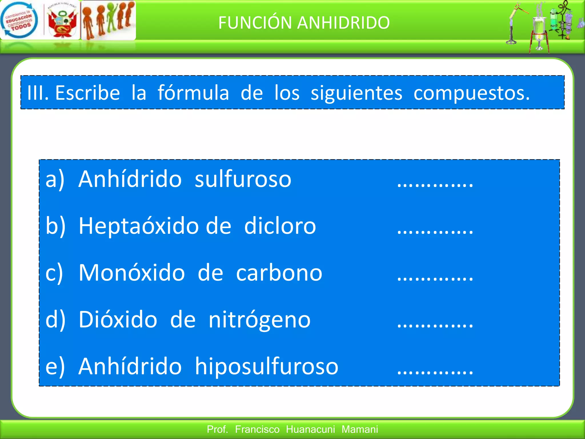 Prof. Francisco Huanacuni Mamani
FUNCIÓN ANHIDRIDO
III. Escribe la fórmula de los siguientes compuestos.
a) Anhídrido sulfuroso ………….
b) Heptaóxido de dicloro ………….
c) Monóxido de carbono ………….
d) Dióxido de nitrógeno ………….
e) Anhídrido hiposulfuroso ………….
 