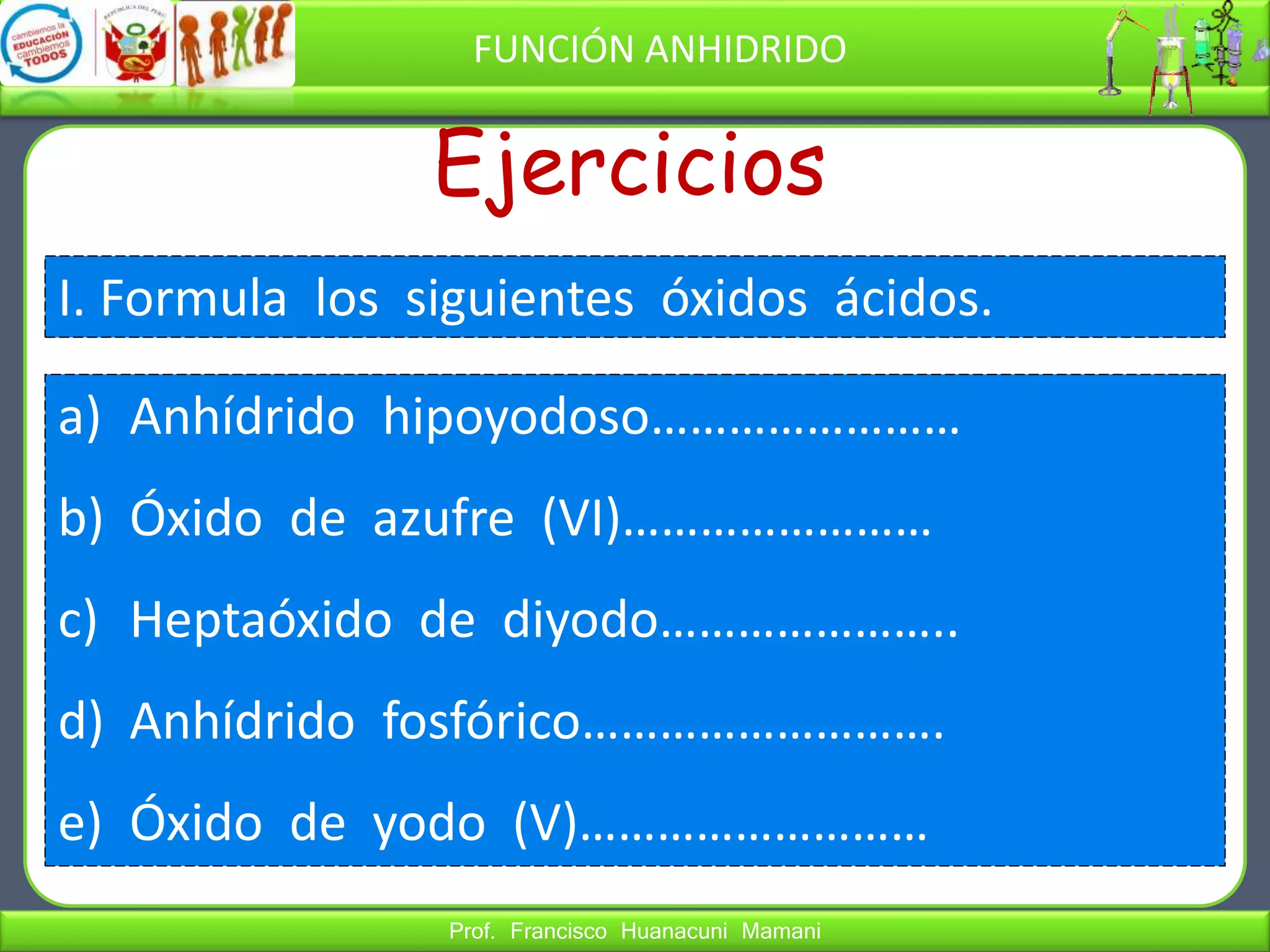 Prof. Francisco Huanacuni Mamani
FUNCIÓN ANHIDRIDO
I. Formula los siguientes óxidos ácidos.
Ejercicios
a) Anhídrido hipoyodoso……………………
b) Óxido de azufre (VI)……………………
c) Heptaóxido de diyodo…………………..
d) Anhídrido fosfórico……………………….
e) Óxido de yodo (V)………………………
 