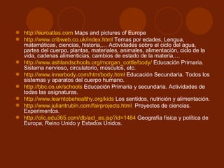 http://euroatlas.com  Maps and pictures of Europe http://www.cribweb.co.uk/index.html  Temas por edades, Lengua, matemáticas, ciencias, historia,… Actividades sobre el ciclo del agua, partes del cuerpo, plantas, materiales, animales, alimentación, ciclo de la vida, cadenas alimenticias, cambios de estado de la materia,… http://www.ashlandschools.org/morgan_cottle/body/  Educación Primaria. Sistema nervioso, circulatorio, músculos, etc. http://www.innerbody.com/htm/body,html  Educación Secundaria. Todos los sistemas y aparatos del cuerpo humano. http://bbc.co.uk/schools  Educación Primaria y secundaria. Actividades de todas las asignaturas. http://www.learntobehealthy.org/kids  Los sentidos, nutrición y alimentación. http://www.juliantrubin.com/fairprojects.html   Proyectos de ciencias. Experimentos. http://clic.edu365.com/db/act_es.jsp?id=1484  Geografía física y política de Europa, Reino Unido y Estados Unidos. 