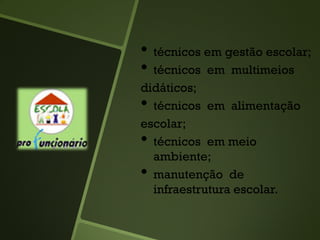 • técnicos em gestão escolar;
• técnicos em multimeios
didáticos;
• técnicos em alimentação
escolar;
• técnicos em meio
ambiente;
• manutenção de
infraestrutura escolar.
 
