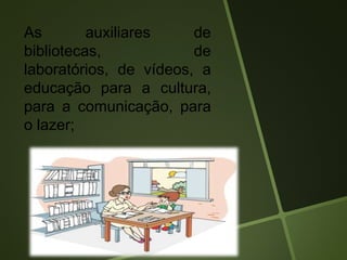 As auxiliares de
bibliotecas, de
laboratórios, de vídeos, a
educação para a cultura,
para a comunicação, para
o lazer;
 