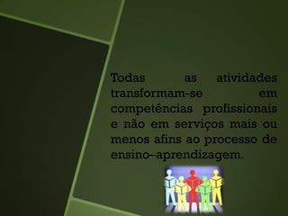 Todas as atividades
transformam-se em
competências profissionais
e não em serviços mais ou
menos afins ao processo de
ensino–aprendizagem.
 