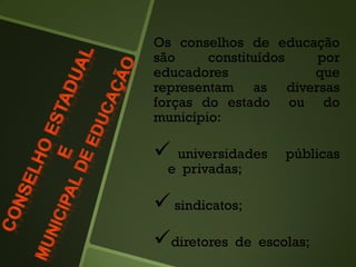Os conselhos de educação
são constituídos por
educadores que
representam as diversas
forças do estado ou do
município:
 universidades públicas
e privadas;
 sindicatos;
diretores de escolas;
 