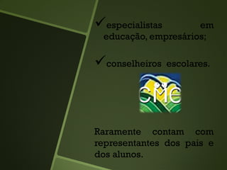 especialistas em
educação, empresários;
conselheiros escolares.
Raramente contam com
representantes dos pais e
dos alunos.
 