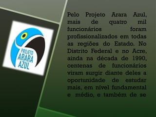Pelo Projeto Arara Azul,
mais de quatro mil
funcionários foram
profissionalizados em todas
as regiões do Estado. No
Distrito Federal e no Acre,
ainda na década de 1990,
centenas de funcionários
viram surgir diante deles a
oportunidade de estudar
mais, em nível fundamental
e médio, e também de se
 