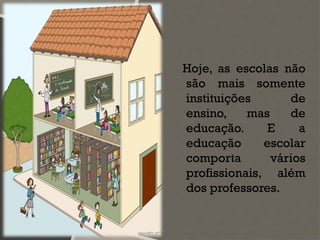 Hoje, as escolas não
são mais somente
instituições de
ensino, mas de
educação. E a
educação escolar
comporta vários
profissionais, além
dos professores.
 