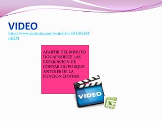 http://www.youtube.com/watch?v=HFURFbW
oKZM
APARTIR DEL MINUTO
DOS APRARECE LAS
EXPLICACION DE
CONTAR.SI() PORQUE
ANTES ES DE LA
FUNCION CONTAR
 