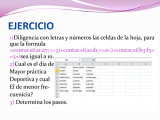 1)Diligencia con letras y números las celdas de la hoja, para
que la formula
=contar.si(a1:a7;»=3)+contar.si(a1:d1;»=a»)+contar.si(b3:f5»
=5»)sea igual a 10.
2)Cual es el día de
Mayor práctica
Deportiva y cual
El de menor fre-
cuenicia?
3) Determina los pasos.
 