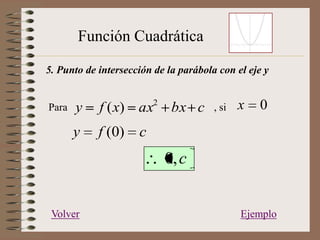 Función Cuadrática

5. Punto de intersección de la parábola con el eje y


Para   y    f ( x) ax2 bx c            , si   x...