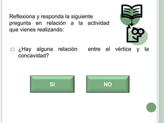 c) ¿Hay alguna relación entre el vértice y la
concavidad?
Reflexiona y responda la siguiente
pregunta en relación a la actividad
que vienes realizando:
SI NO
 