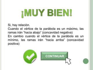 CONTINUAR
Si, hay relación.
Cuando el vértice de la parábola es un máximo, las
ramas irán “hacia abajo” (concavidad negativa)
En cambio cuando el vértice de la parábola es un
mínimo, las ramas irán “hacia arriba” (concavidad
positiva)
 