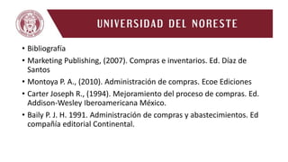 • Bibliografía
• Marketing Publishing, (2007). Compras e inventarios. Ed. Díaz de
Santos
• Montoya P. A., (2010). Administración de compras. Ecoe Ediciones
• Carter Joseph R., (1994). Mejoramiento del proceso de compras. Ed.
Addison-Wesley Iberoamericana México.
• Baily P. J. H. 1991. Administración de compras y abastecimientos. Ed
compañía editorial Continental.
 