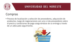 Compras
• Proceso de localización y selección de proveedores, adquisición de
productos, luego de negociaciones con uno o más proveedores sobre
el precio y condiciones de pago asegurándose de su entrega a través
de un adecuado seguimiento.
 