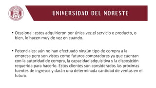 • Ocasional: estos adquirieron por única vez el servicio o producto, o
bien, lo hacen muy de vez en cuando.
• Potenciales: aún no han efectuado ningún tipo de compra a la
empresa pero son vistos como futuros compradores ya que cuentan
con la autoridad de compra, la capacidad adquisitiva y la disposición
requerida para hacerlo. Estos clientes son considerados las próximas
fuentes de ingresos y darán una determinada cantidad de ventas en el
futuro.
 