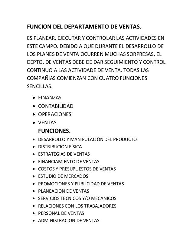 Funcion del departamento de ventas