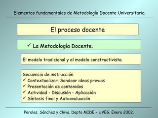 Elementos fundamentales de Metodología Docente Universitaria.


                 El proceso docente

       La Metodología Docente.

    El modelo tradicional y el modelo constructivista.


    Secuencia de instrucción.
     Contextualizar. Sondear ideas previas
     Presentación de contenidos
     Actividad - Discusión - Aplicación
     Síntesis final y Autoevaluación


    Perales, Sánchez y Chiva. Depto MIDE – UVEG. Enero 2002.
 