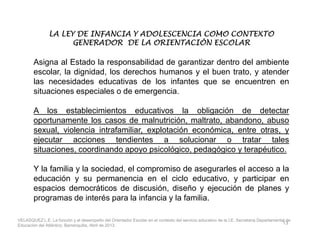 LA LEY DE INFANCIA Y ADOLESCENCIA COMO CONTEXTOLA LEY DE INFANCIA Y ADOLESCENCIA COMO CONTEXTOLA LEY DE INFANCIA Y ADOLESCENCIA COMO CONTEXTOLA LEY DE INFANCIA Y ADOLESCENCIA COMO CONTEXTO
GENERADOR DE LA ORIENTACIÓN ESCOLARGENERADOR DE LA ORIENTACIÓN ESCOLARGENERADOR DE LA ORIENTACIÓN ESCOLARGENERADOR DE LA ORIENTACIÓN ESCOLAR
Asigna al Estado la responsabilidad de garantizar dentro del ambiente
escolar, la dignidad, los derechos humanos y el buen trato, y atender
las necesidades educativas de los infantes que se encuentren en
situaciones especiales o de emergencia.
A los establecimientos educativos la obligación de detectar
oportunamente los casos de malnutrición, maltrato, abandono, abusooportunamente los casos de malnutrición, maltrato, abandono, abuso
sexual, violencia intrafamiliar, explotación económica, entre otras, y
ejecutar acciones tendientes a solucionar o tratar tales
situaciones, coordinando apoyo psicológico, pedagógico y terapéutico.
Y la familia y la sociedad, el compromiso de asegurarles el acceso a la
educación y su permanencia en el ciclo educativo, y participar en
espacios democráticos de discusión, diseño y ejecución de planes y
programas de interés para la infancia y la familia.
13
VELASQUEZ L.E. La función y el desempeño del Orientador Escolar en el contexto del servicio educativo de la I.E. Secretaría Departamental de
Educación del Atlántico, Barranquilla, Abril de 2013.
 