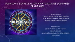 FUNCION Y LOCALIZACION ANATOMICA DE LOS PARES
CRANEALES
PRESENTADO POR:
CINDY KATHERINE RINCON PARRA 100091929
NATALIA SPRITH DURANGO GÓMEZ 100093629
JANNEHIR RIAÑO QUINTERO 100092916
PRESENTADO A :
JEISON FABIÁN PALACIOS FAJARDO
MORFOFISIOLOGÍA
CORPORACIÓN UNIVERSITARIA IBEROAMERICANA
AGOSTO 2021
 