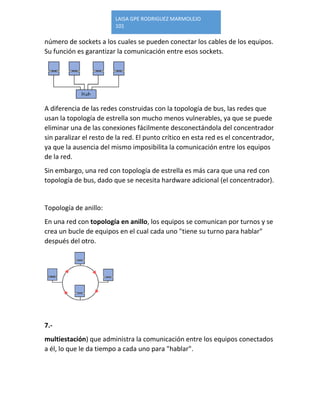 LAISA GPE RODRIGUEZ MARMOLEJO 
101 
número de sockets a los cuales se pueden conectar los cables de los equipos. Su función es garantizar la comunicación entre esos sockets. 
A diferencia de las redes construidas con la topología de bus, las redes que usan la topología de estrella son mucho menos vulnerables, ya que se puede eliminar una de las conexiones fácilmente desconectándola del concentrador sin paralizar el resto de la red. El punto crítico en esta red es el concentrador, ya que la ausencia del mismo imposibilita la comunicación entre los equipos de la red. 
Sin embargo, una red con topología de estrella es más cara que una red con topología de bus, dado que se necesita hardware adicional (el concentrador). 
Topología de anillo: 
En una red con topología en anillo, los equipos se comunican por turnos y se crea un bucle de equipos en el cual cada uno "tiene su turno para hablar" después del otro. 
7.- 
multiestación) que administra la comunicación entre los equipos conectados a él, lo que le da tiempo a cada uno para "hablar". 
 