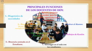 PRINCIPALES FUNCIONES
DE LOS DOCENTES DE HOY.
1.- Diagnóstico de
necesidades
2.- Preparar las clases
(Planificar los cursos y diseñar
estrategias de Enseñanza – Aprendizaje)
3.- Buscar y preparar
materiales para los
alumnos, aprovechar todos
los lenguajes.
4.- Motivar al Alumno.
5.- Docencia centrada en el
Estudiante.
6.- Ofrecer tutorías y
Ejemplo
7.- Investigar en el aula con
los estudiantes.
8.- Trabajos de Gestión
 