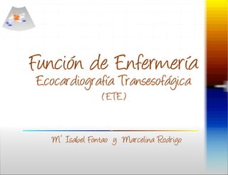 Función de Enfermería
Ecocardiografía Transesofágica
               ( ETE)


    a
  M Isabel Fontao y Marcelina Rodrigo
 