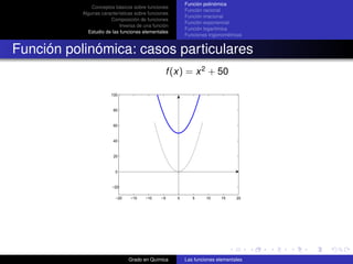 Función polinómica
               Conceptos básicos sobre funciones
                                                         Función racional
           Algunas características sobre funciones
                                                         Función irracional
                       Composición de funciones
                                                         Función exponencial
                            Inversa de una función
                                                         Función logarítmica
             Estudio de las funciones elementales
                                                         Funciones trigonométricas


Función polinómica: casos particulares
                                                f (x) = x 2 + 50

                        100


                         80


                         60


                         40


                         20


                          0


                        −20

                          −20   −15    −10    −5     0      5     10     15    20




                                Grado en Química         Las funciones elementales
 