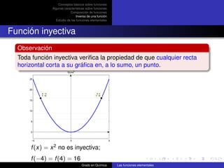 Conceptos básicos sobre funciones
                    Algunas características sobre funciones
                                Composición de funciones
                                     Inversa de una función
                      Estudio de las funciones elementales



Función inyectiva
  Observación
  Toda función inyectiva veriﬁca la propiedad de que cualquier recta
  horizontal corta a su gráﬁca en, a lo sumo, un punto.
                              f(x)=x2

      25



      20
            X: −4                                   X: 4
            Y: 16                                  Y: 16

      15



      10



       5



       0


       −5                       0                             5


      f (x) = x 2 no es inyectiva;
      f (−4) = f (4) = 16
                                        Grado en Química          Las funciones elementales
 