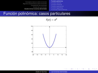 Función polinómica
               Conceptos básicos sobre funciones
                                                         Función racional
           Algunas características sobre funciones
                                                         Función irracional
                       Composición de funciones
                                                         Función exponencial
                            Inversa de una función
                                                         Función logarítmica
             Estudio de las funciones elementales
                                                         Funciones trigonométricas


Función polinómica: casos particulares
                                                f (x) = x 2

                        100


                         80


                         60


                         40


                         20


                          0


                        −20

                          −20   −15    −10    −5     0      5     10     15    20




                                Grado en Química         Las funciones elementales
 