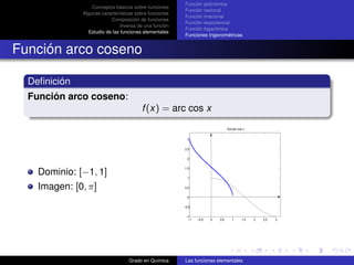 Función polinómica
                  Conceptos básicos sobre funciones
                                                        Función racional
              Algunas características sobre funciones
                                                        Función irracional
                          Composición de funciones
                                                        Función exponencial
                               Inversa de una función
                                                        Función logarítmica
                Estudio de las funciones elementales
                                                        Funciones trigonométricas


Función arco coseno

  Deﬁnición
  Función arco coseno:
                                        f (x) = arc cos x
                                                                                f(x)=arc cos x


                                                          3


                                                        2.5

                                                          2

                                                        1.5
    Dominio: [−1, 1]                                      1


    Imagen: [0, π]                                      0.5

                                                          0

                                                        −0.5


                                                         −1
                                                          −1   −0.5   0   0.5       1       1.5   2   2.5   3




                                  Grado en Química      Las funciones elementales
 