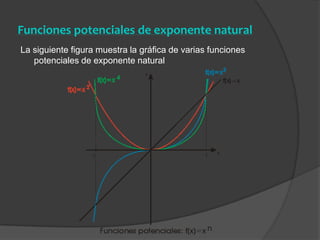 Funciones potenciales de exponente naturalLa siguiente figura muestra la gráfica de varias funciones potenciales de exponente natural   
