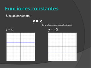 Funciones constantesfunción constante: y = k					Su gráfica es una recta horizantaly = 3				      y = -5