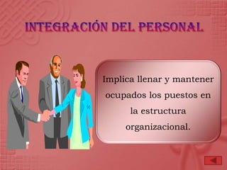 Implica llenar y mantener
ocupados los puestos en
      la estructura
     organizacional.
 