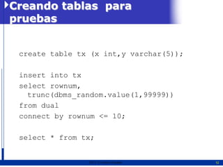 Creando tablas para
pruebas


 create table tx (x int,y varchar(5));

 insert into tx
 select rownum,
   trunc(dbms_random.value(1,99999))
 from dual
 connect by rownum <= 10;

 select * from tx;


                2011   Erwin Fischer     12
 