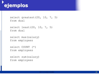ejemplos

 select greatest(20, 10, 7, 5)
 from dual

 select least(20, 10, 7, 5)
 from dual

 select max(salary)
 from employees

 select COUNT (*)
 from employees

 select sum(salary)
 from employees



                    2011   Erwin Fischer   22
 
