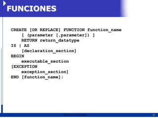 FUNCIONES

CREATE [OR REPLACE] FUNCTION function_name
    [ (parameter [,parameter]) ]
    RETURN return_datatype
IS | AS
    [declaration_section]
BEGIN
    executable_section
[EXCEPTION
    exception_section]
END [function_name];




                   2011   Erwin Fischer      31
 