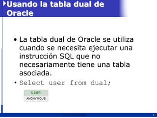 Usando la tabla dual de
Oracle


 • La tabla dual de Oracle se utiliza
   cuando se necesita ejecutar una
   instrucción SQL que no
   necesariamente tiene una tabla
   asociada.
 • Select user from dual;



               2011   Erwin Fischer     5
 