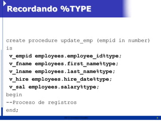 Recordando %TYPE



create procedure update_emp (empid in number)
is
 v_empid employees.employee_id%type;
 v_fname employees.first_name%type;
 v_lname employees.last_name%type;
 v_hire employees.hire_date%type;
 v_sal employees.salary%type;
begin
--Proceso de registros
end;
                  2011   Erwin Fischer          8
 